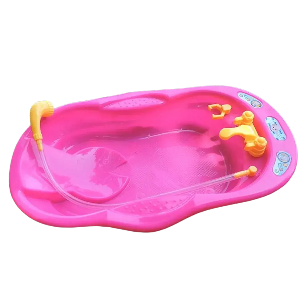 Bright pink plastic baby doll bathtub with yellow faucet and shower attachment in baby doll bathtub play set