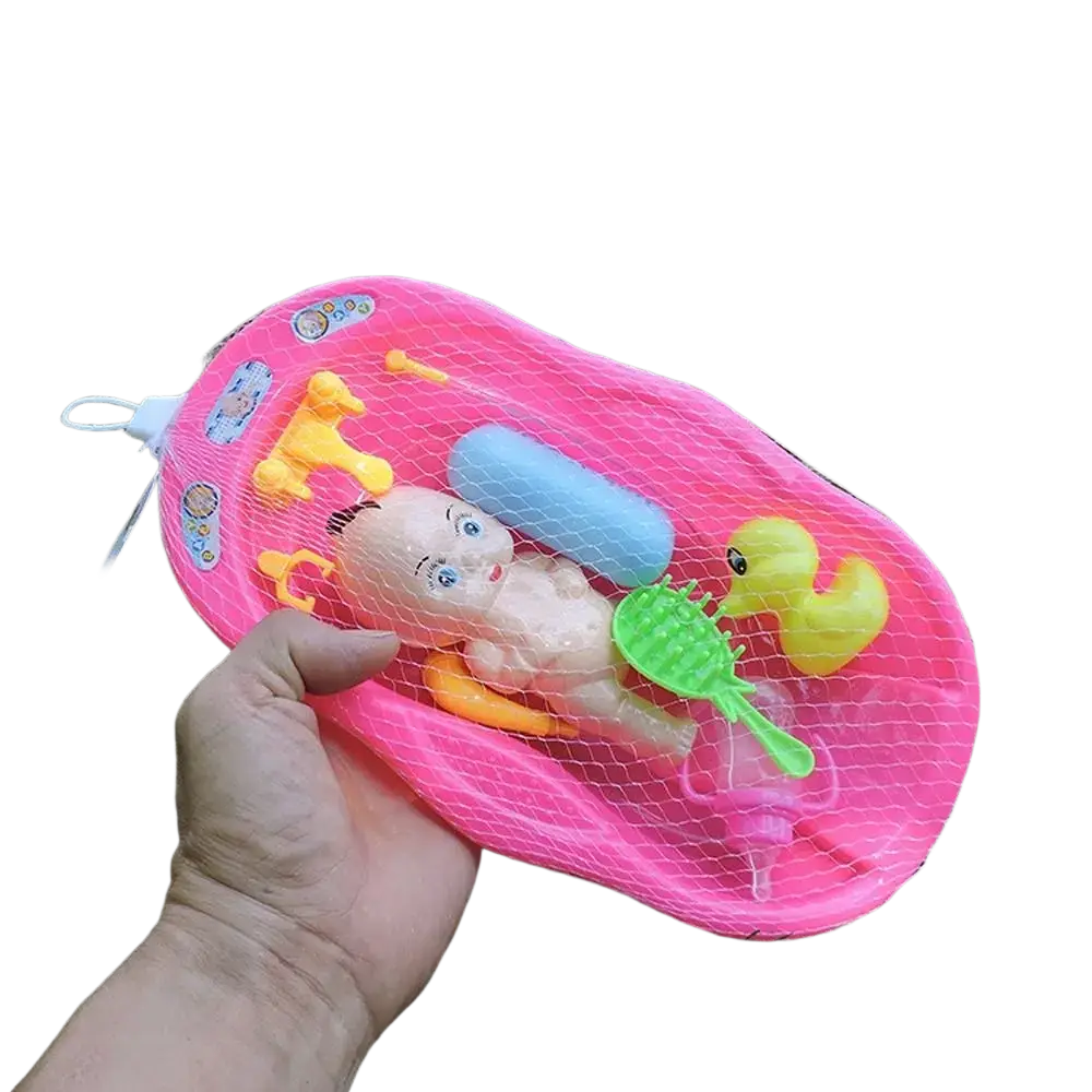 Pink plastic baby doll bathtub play set with doll bath toys and accessories enclosed in netting for pretend play
