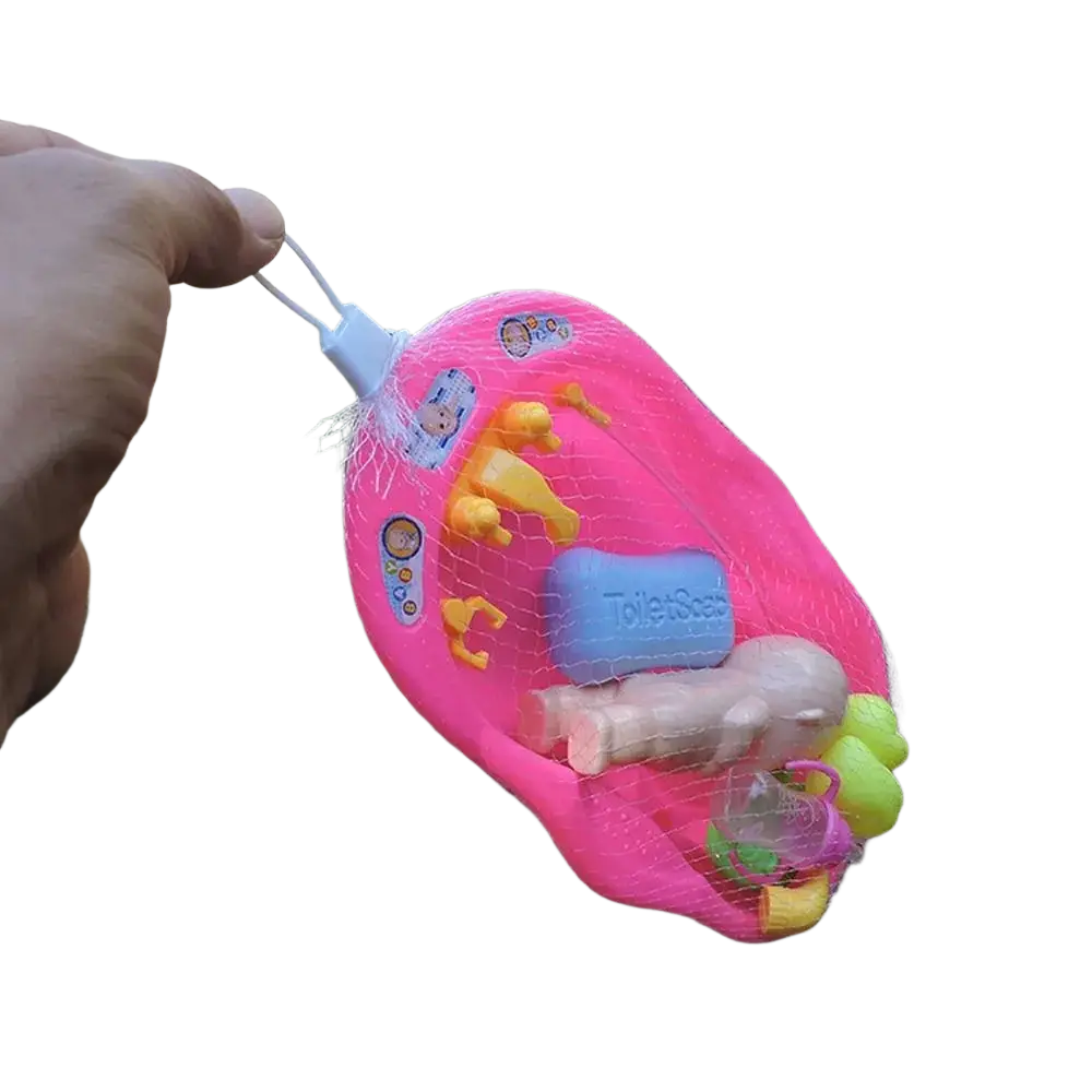 Pink plastic baby doll bathtub play set with colorful toy accessories inside a net bag for pretend play