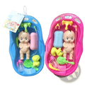 Baby doll bathtub play set with blue and pink plastic bath accessories including dolls soaps brushes and bottles in mesh bags