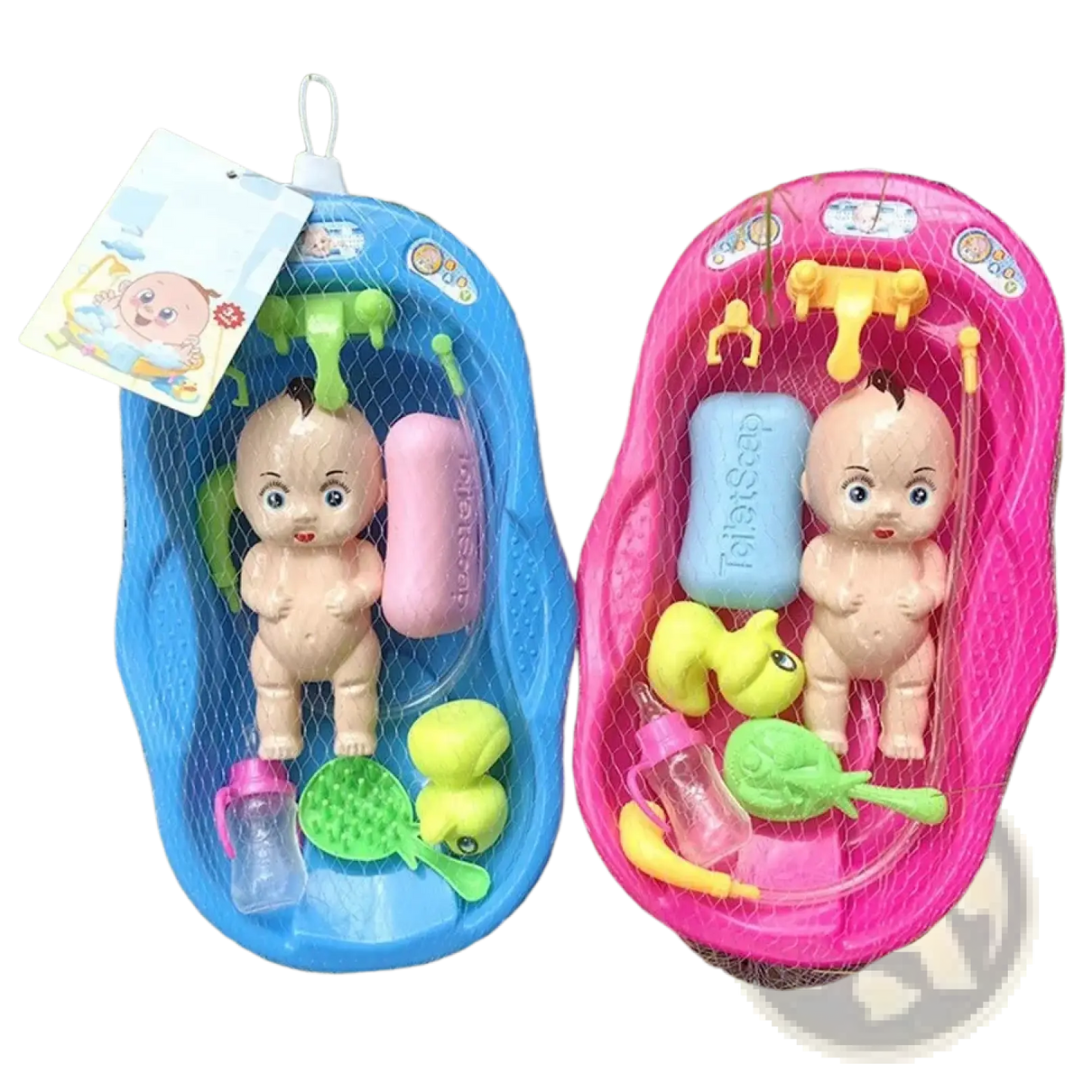 Baby doll bathtub play set with blue and pink plastic bath accessories including dolls soaps brushes and bottles in mesh bags