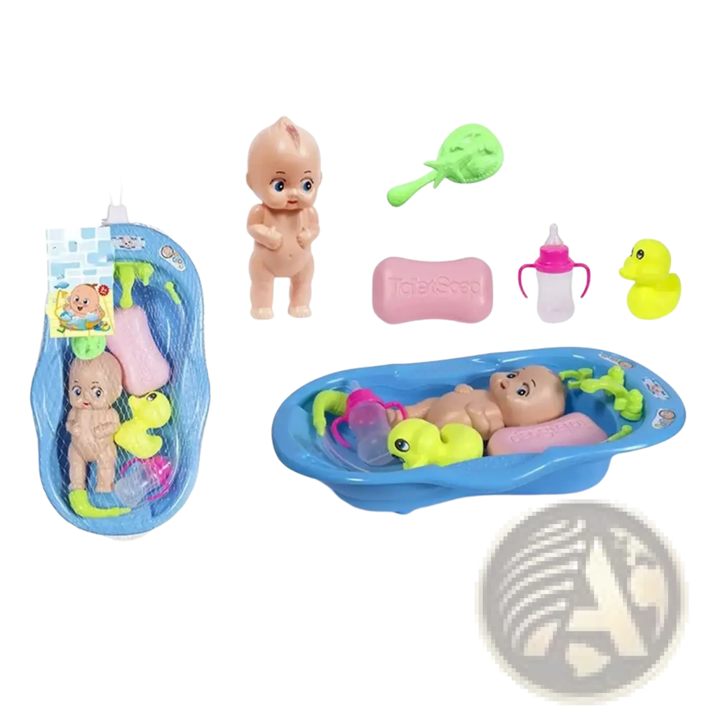 Blue plastic baby doll bathtub play set with pink soap, green brush, and yellow rubber duck accessories