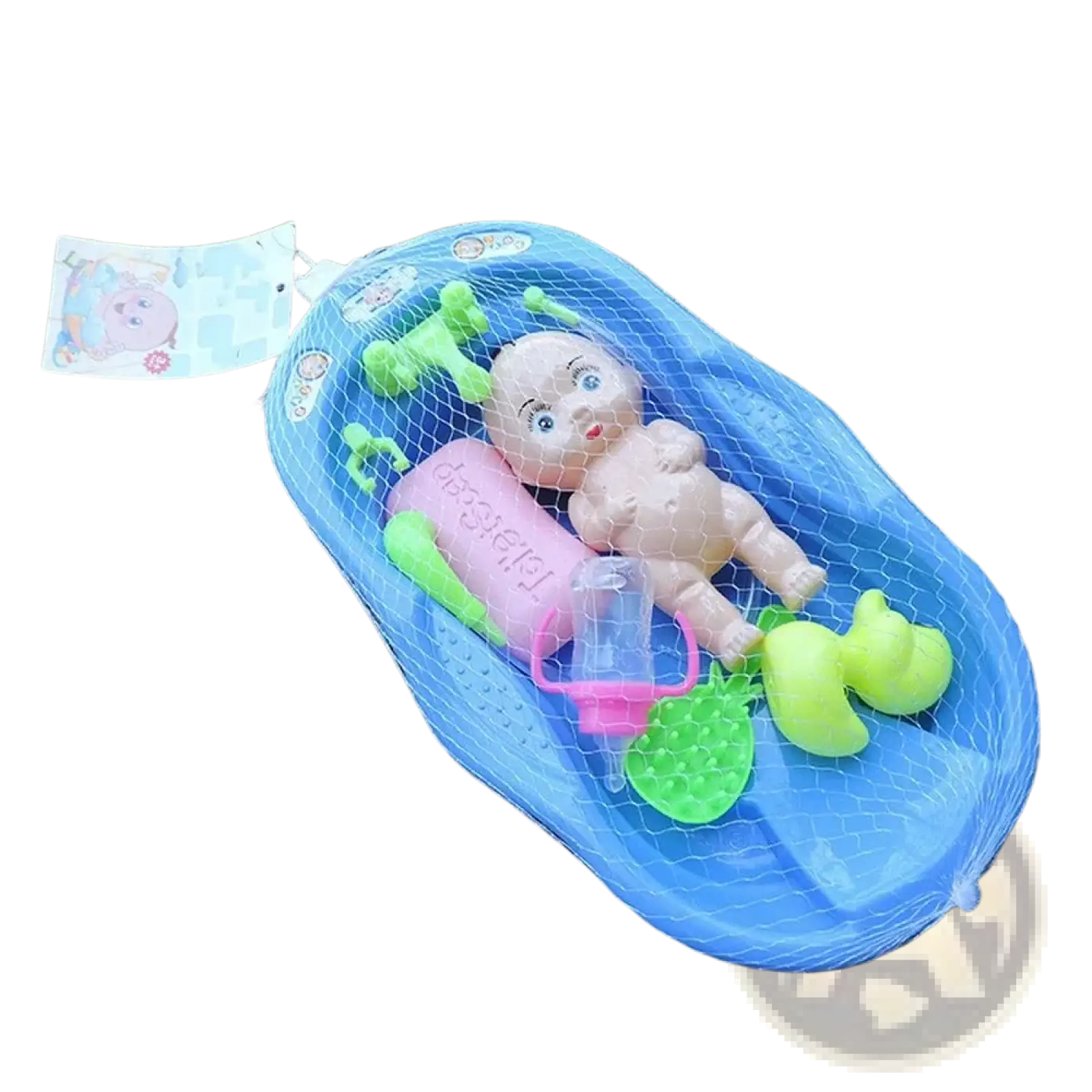 Blue plastic baby doll bathtub play set with pink bottle green rubber duck and toy accessories inside