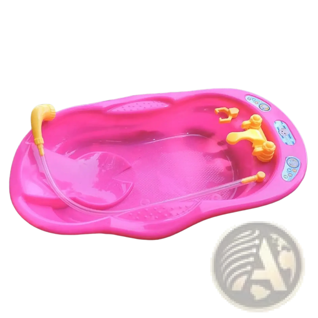 Bright pink plastic baby doll bathtub with yellow faucet and shower attachment in baby doll bathtub play set
