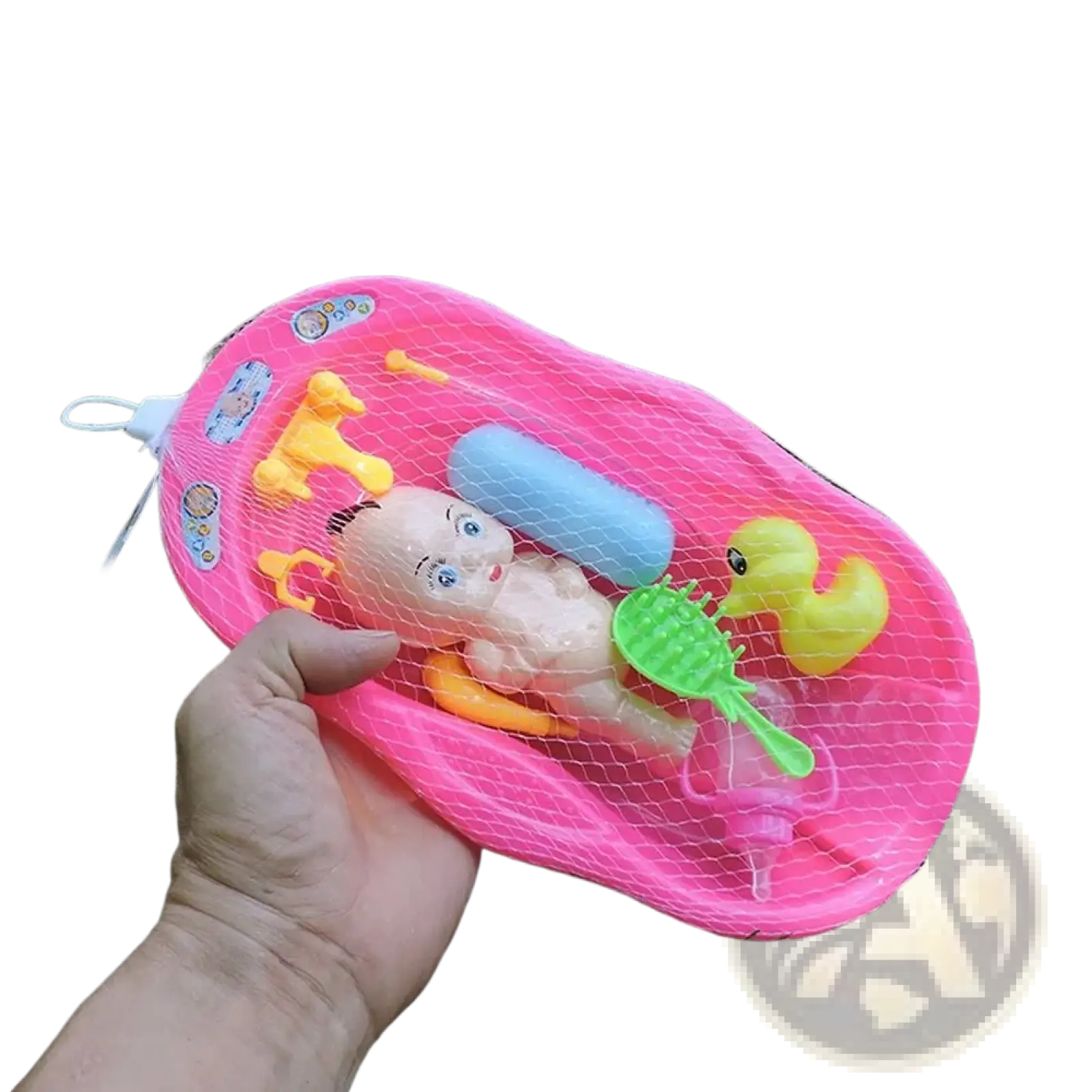 Pink plastic baby doll bathtub play set with doll bath toys and accessories enclosed in netting for pretend play
