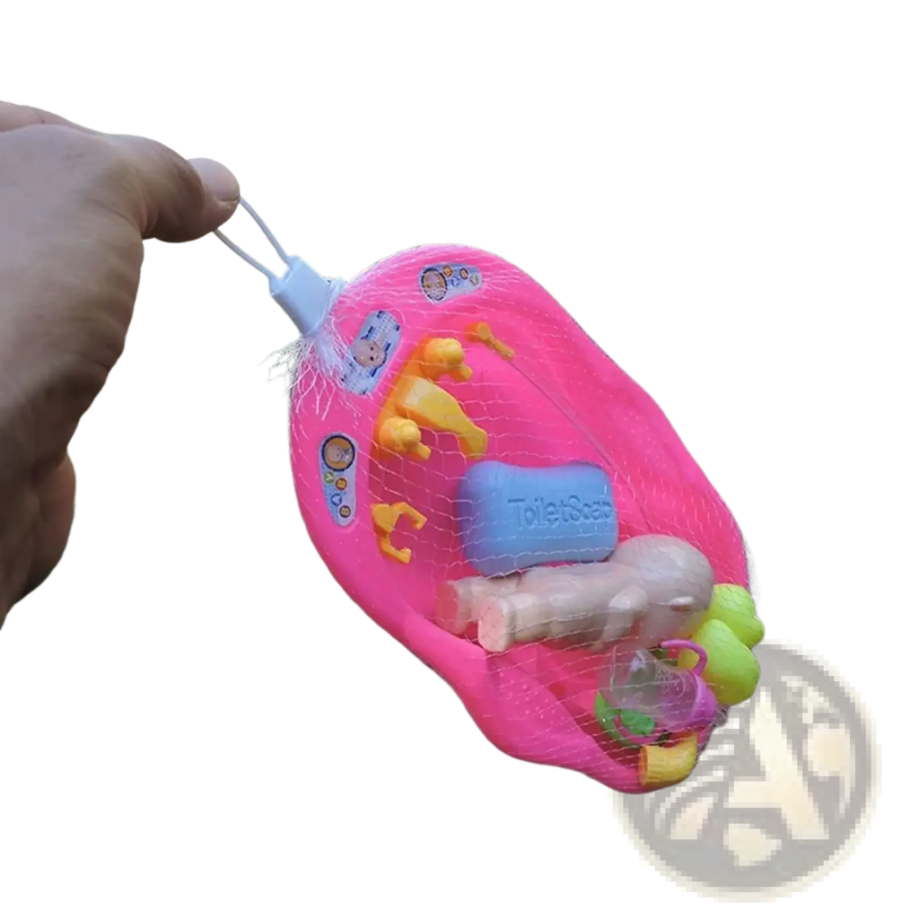 Pink plastic baby doll bathtub play set with colorful toy accessories inside a net bag for pretend play