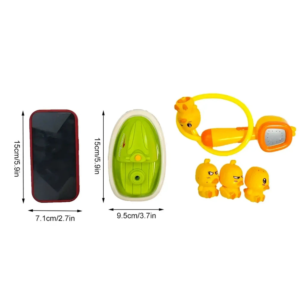 Bright green and white plastic baby duck bath sprayer toy set with duck shower head three yellow rubber ducks and sponge