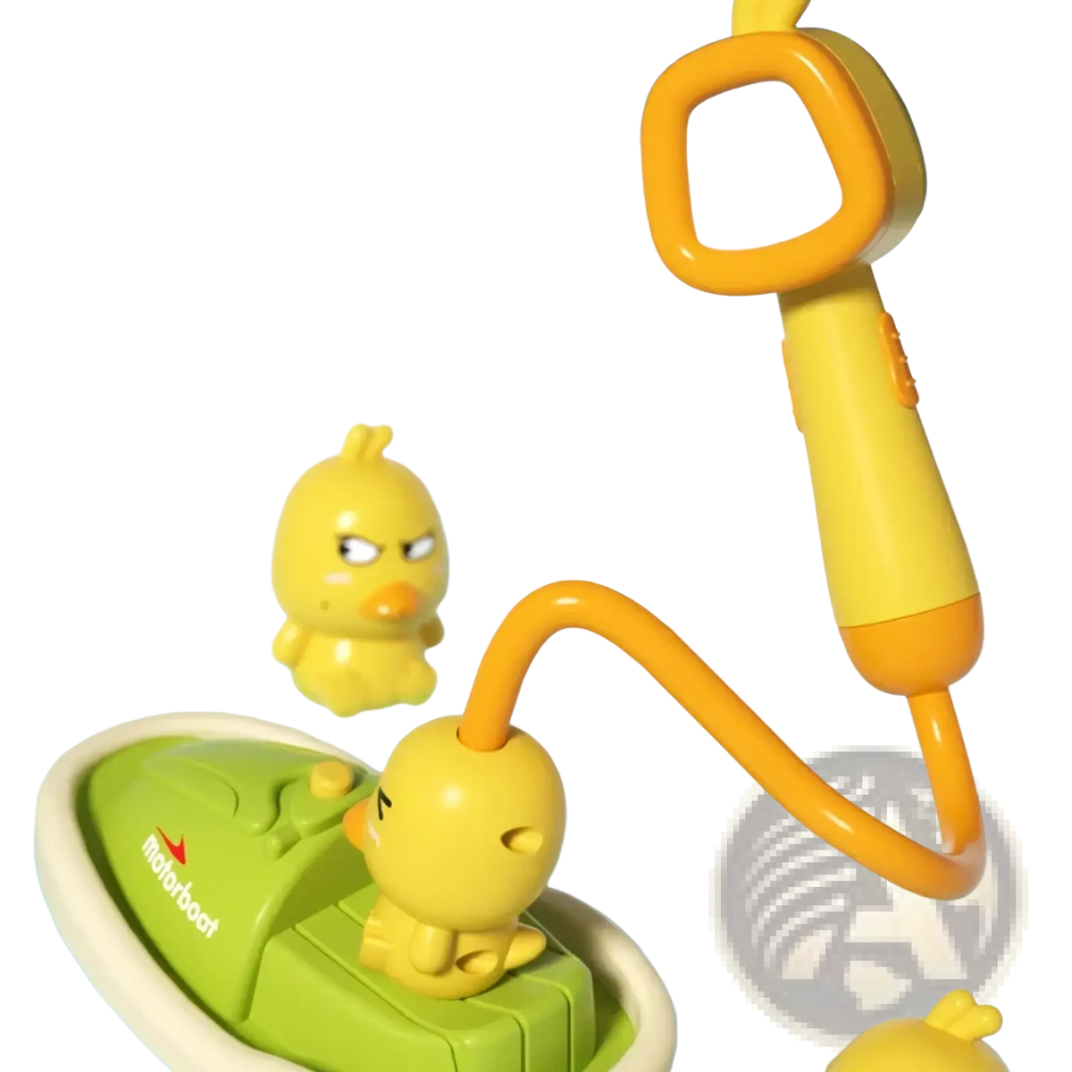 Yellow plastic baby duck bath sprayer toy with orange showerhead and flexible hose on green motorboat toy