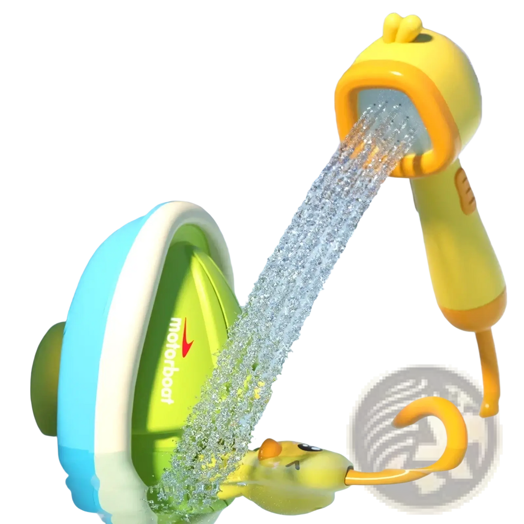 Yellow duck-shaped bath sprayer toy with orange details and green and blue suction cup base for baby bath use
