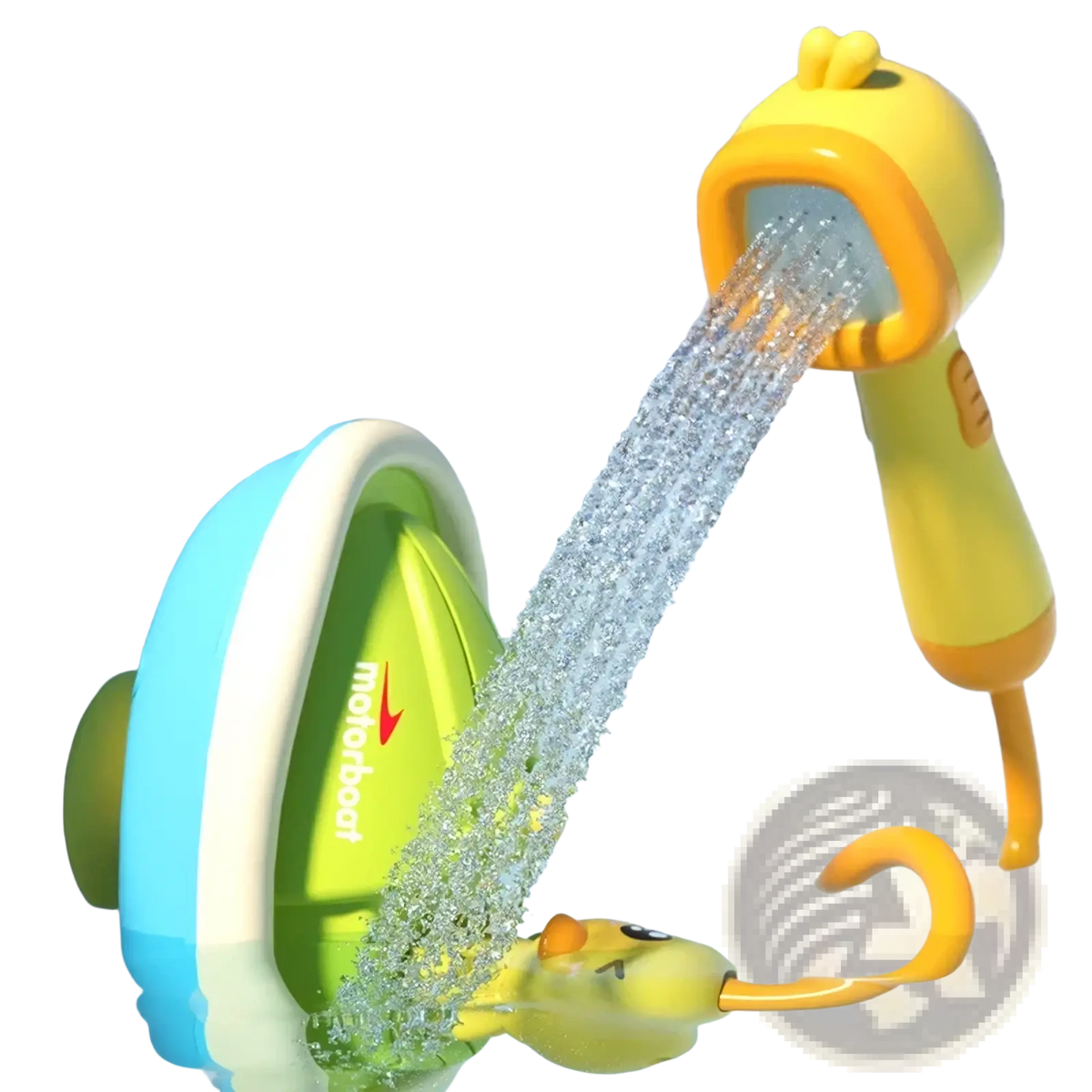 Yellow duck-shaped bath sprayer toy with orange details and green and blue suction cup base for baby bath use