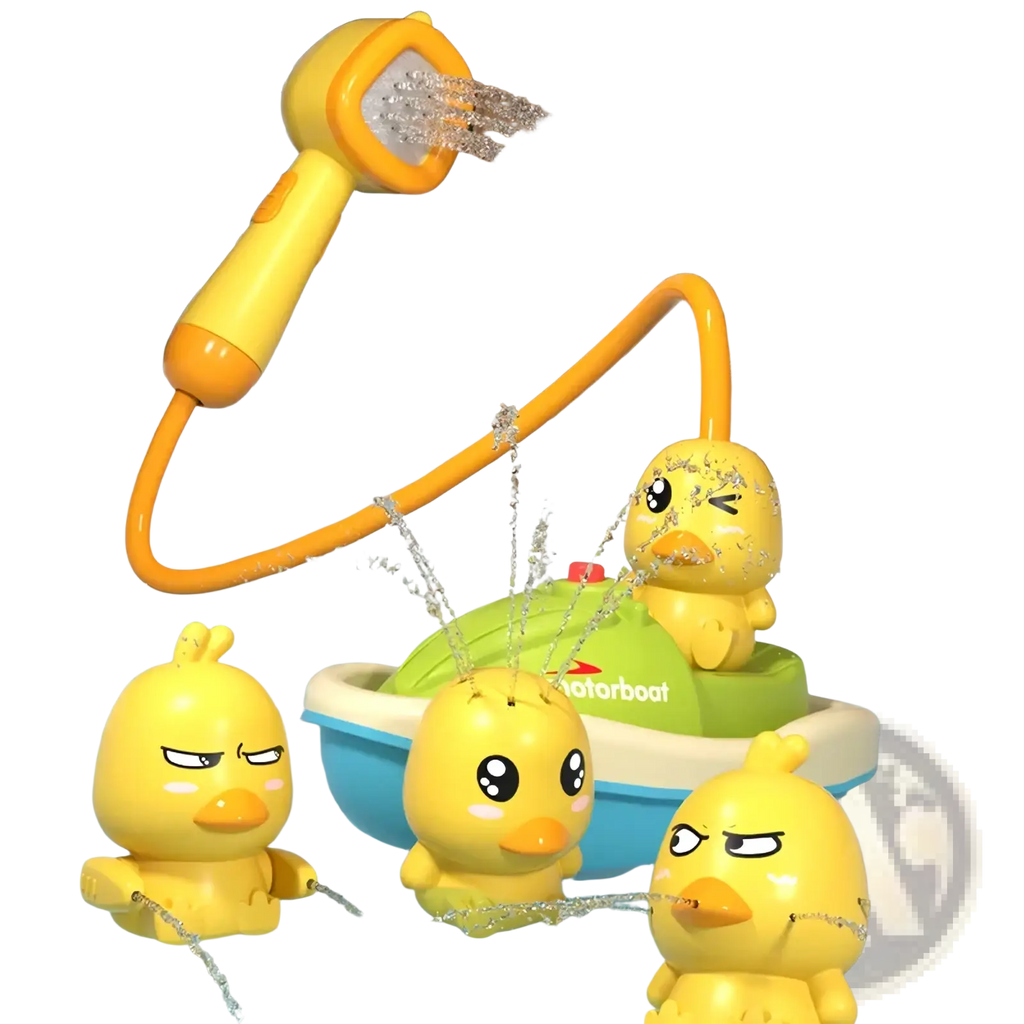 Yellow duck-shaped baby bath sprayer toy with flexible hose and water spray attachment for shower use