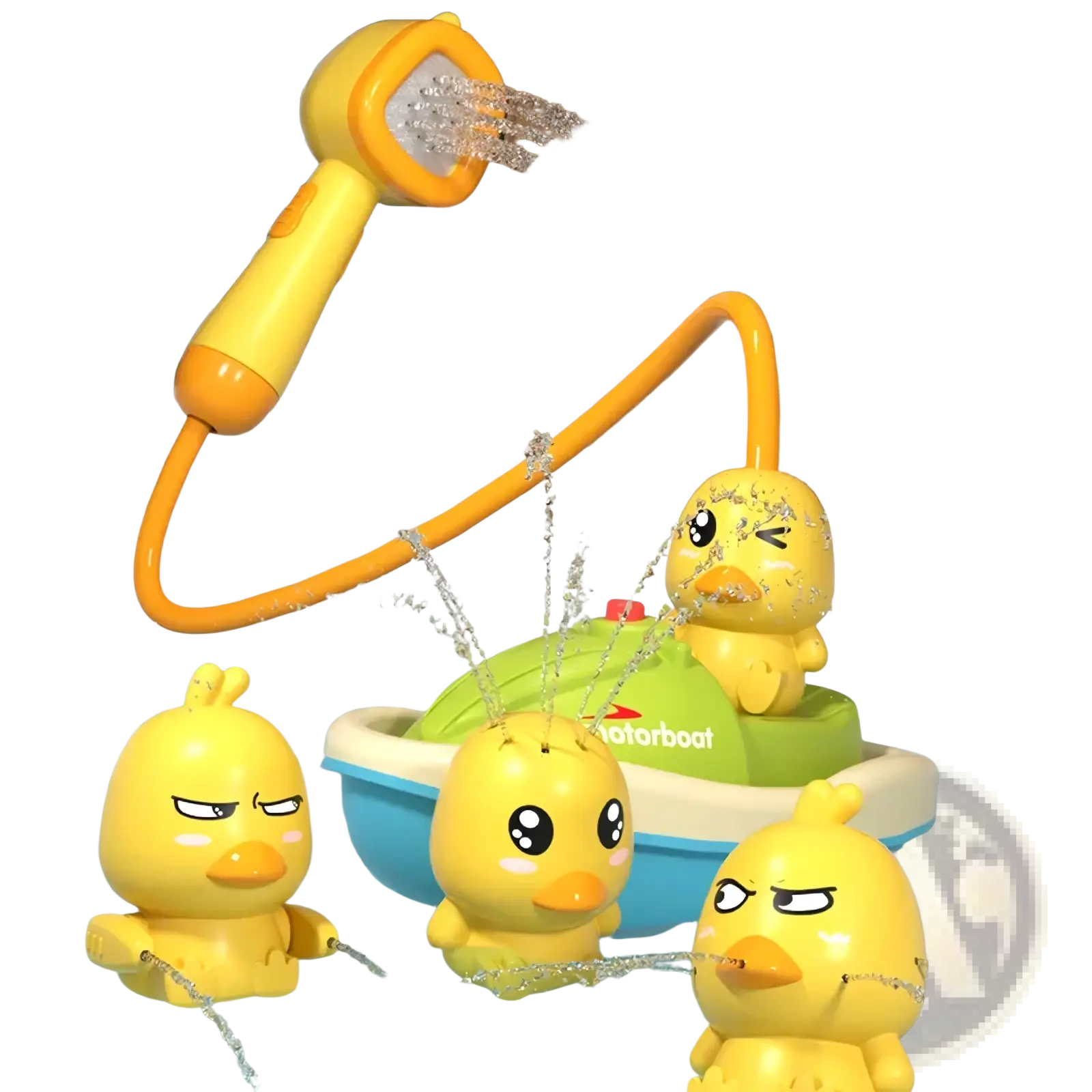 Yellow duck-shaped baby bath sprayer toy with flexible hose and water spray attachment for shower use