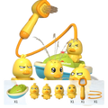 Baby duck bath sprayer toy in yellow with orange accents and flexible hose for bath time play