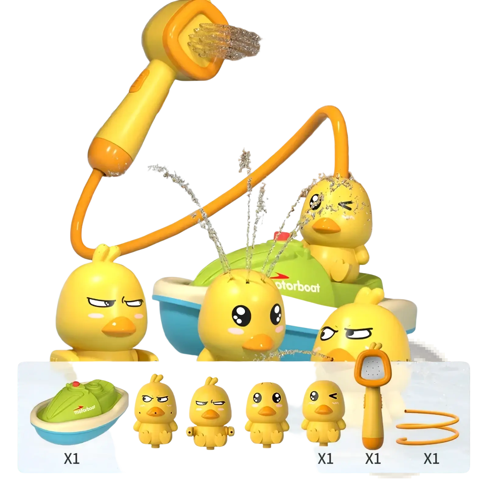 Baby duck bath sprayer toy in yellow with orange accents and flexible hose for bath time play