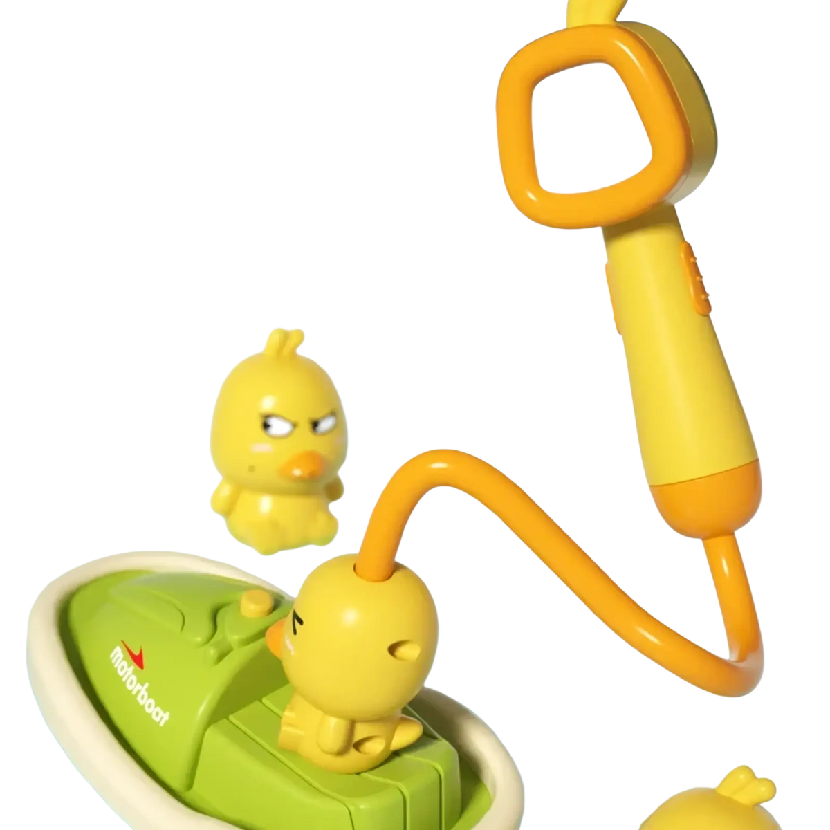 Yellow plastic baby duck bath sprayer toy with orange showerhead and flexible hose on green motorboat toy