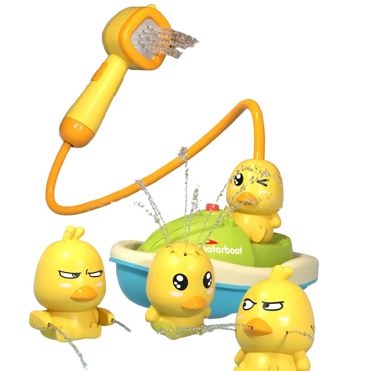 Yellow duck-shaped baby bath sprayer toy with flexible hose and water spray attachment for shower use