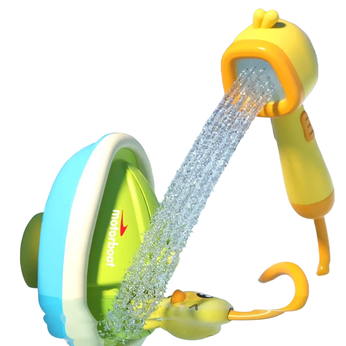 Yellow duck-shaped bath sprayer toy with orange details and green and blue suction cup base for baby bath use
