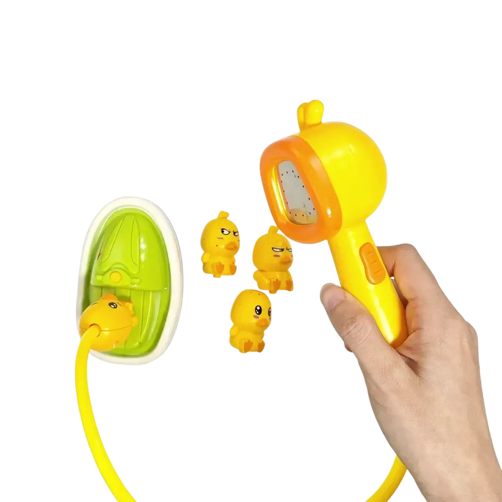 Yellow duck-shaped plastic baby bath sprayer toy with orange accents and green matching bath toy base
