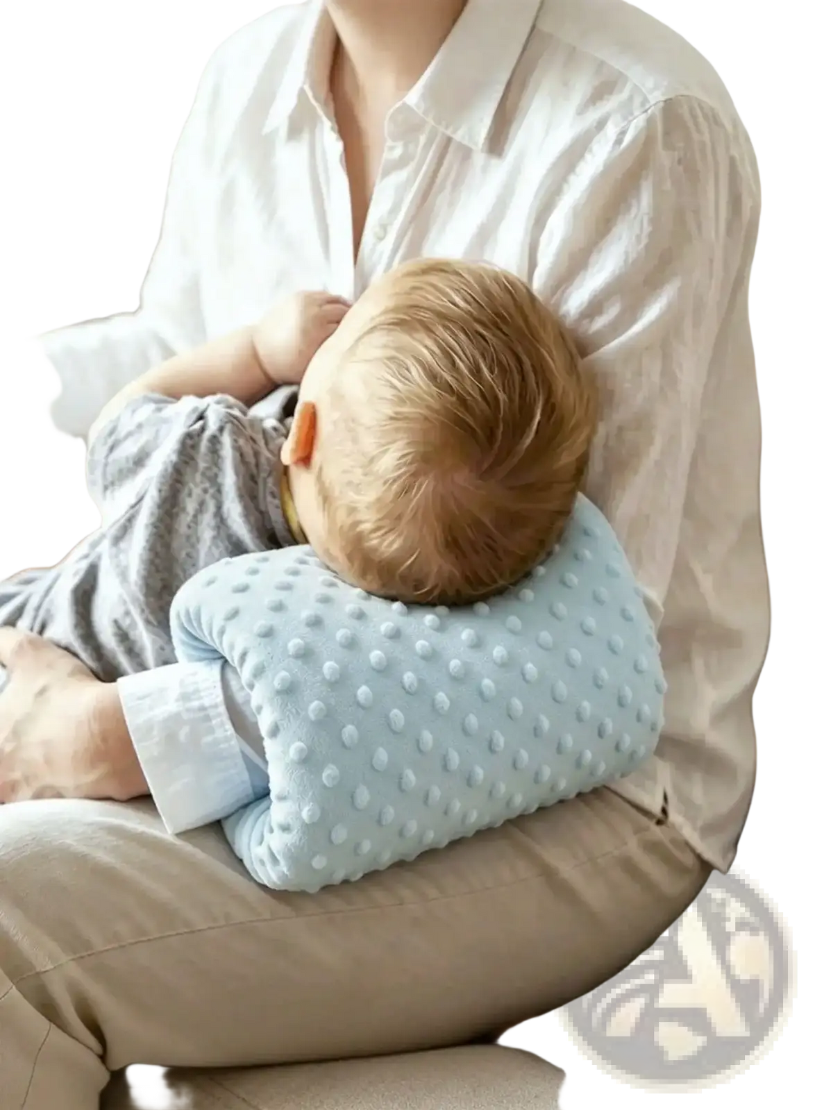 Light blue textured baby feeding arm pillow made of soft material for nursing support and infant comfort