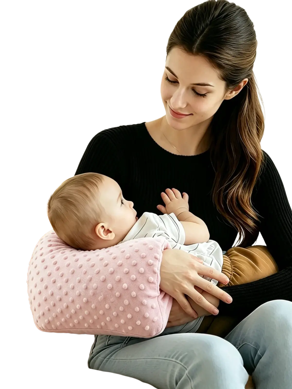 Pink textured baby feeding arm pillow made of soft material for nursing support and comfort during feeding sessions