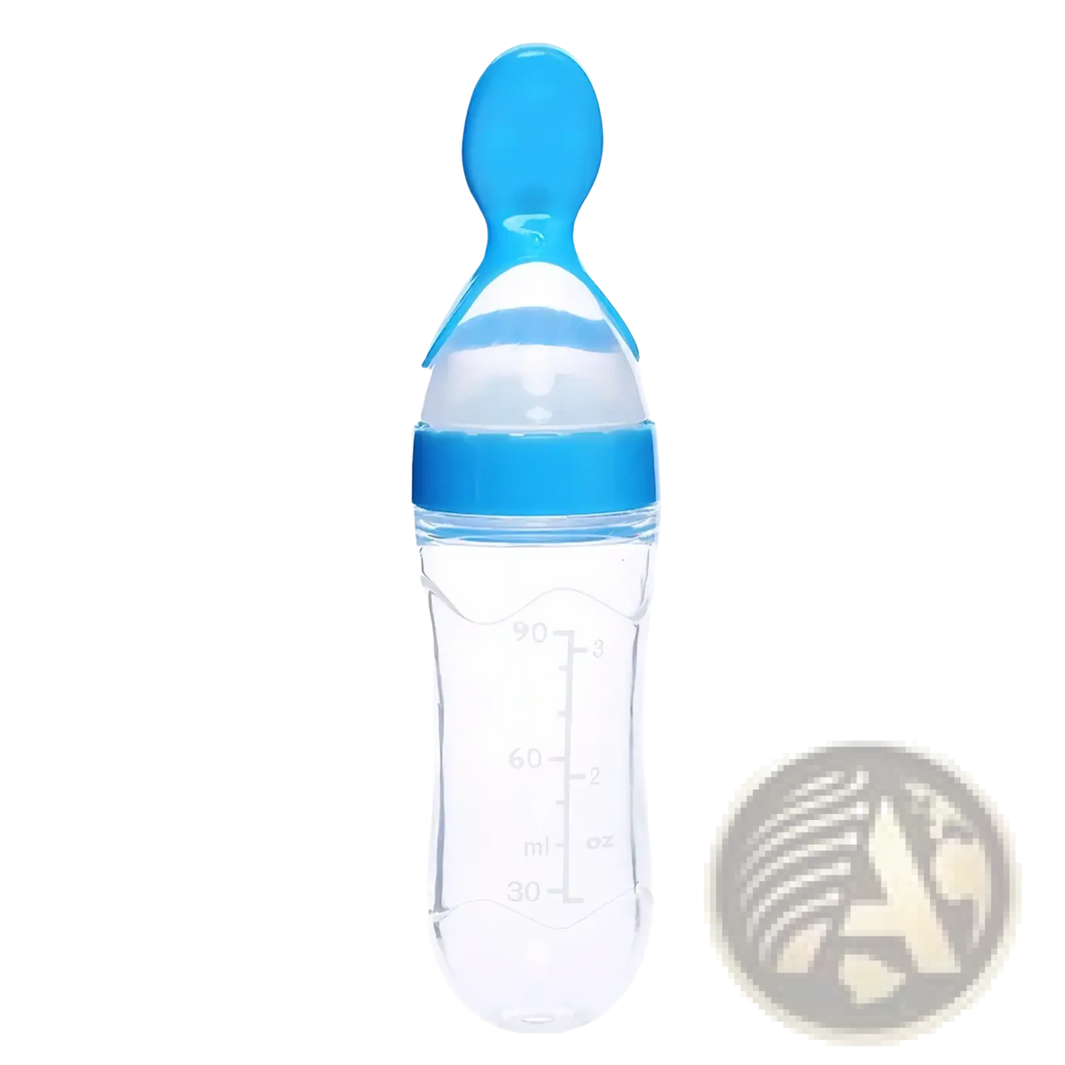 Clear plastic baby feeding spoon bottle bpa free silicone 90ml with blue nipple cap and ml measurement markings