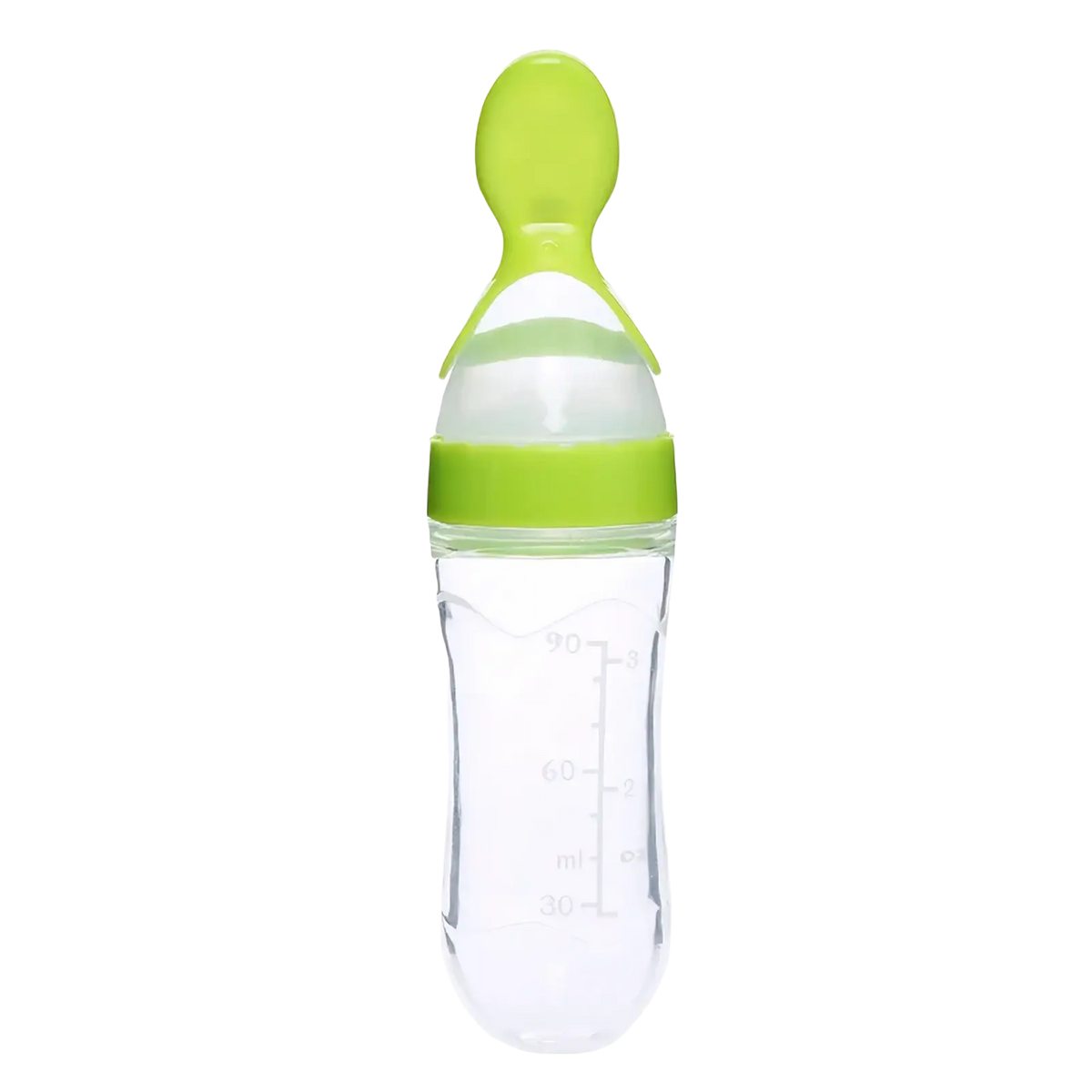 Clear silicone baby feeding spoon bottle bpa free 90ml with bright lime green handle and measurement markings in milliliters
