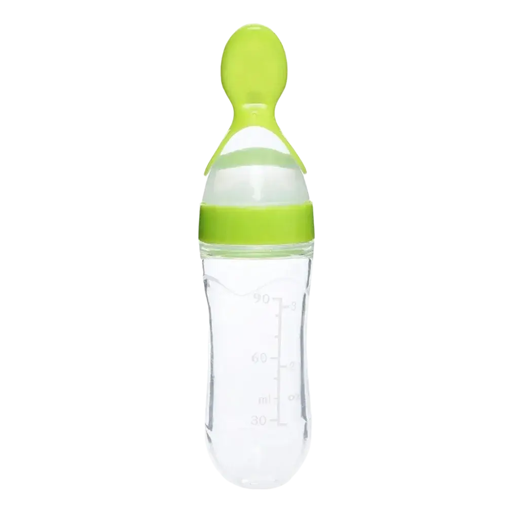 Clear plastic baby feeding spoon bottle bpa free silicone 90ml with lime green nipple and measurement markings