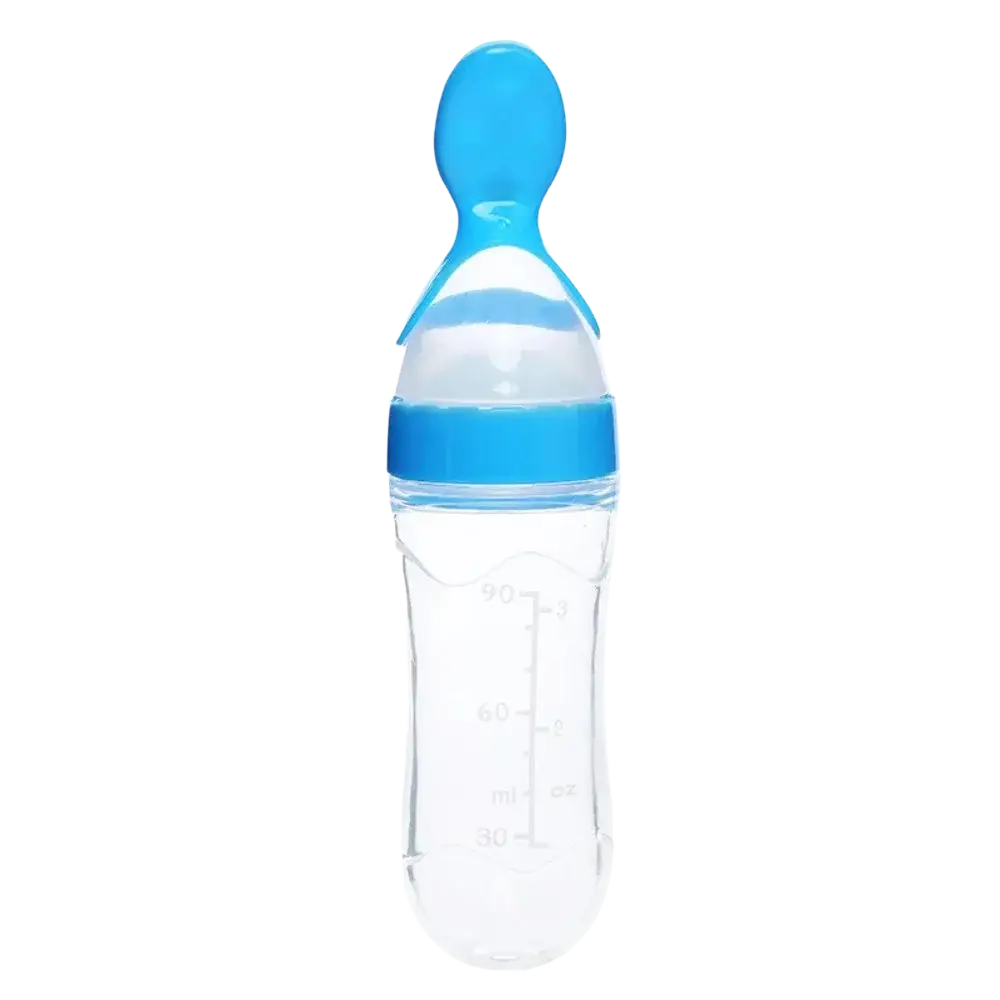 Clear plastic baby feeding spoon bottle 90ml with blue bpa free silicone nipple cap and milliliter markings