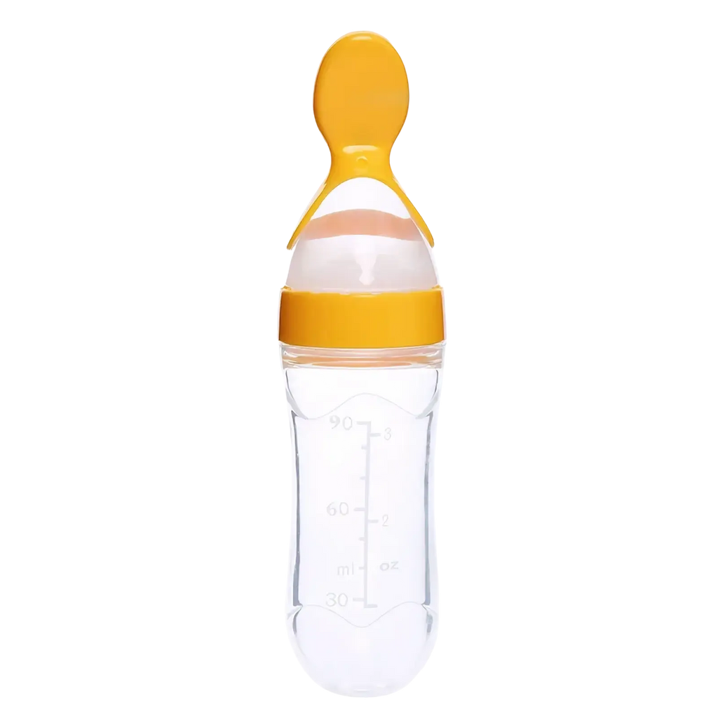 Clear plastic baby feeding spoon bottle bpa free silicone 90ml with bright yellow silicone spout and measurement markings