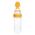 Clear plastic baby feeding spoon bottle bpa free silicone 90ml with bright yellow silicone spout and measurement markings