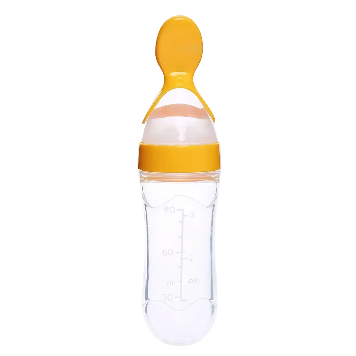 Clear plastic baby feeding spoon bottle bpa free silicone 90ml with bright yellow silicone spout and measurement markings