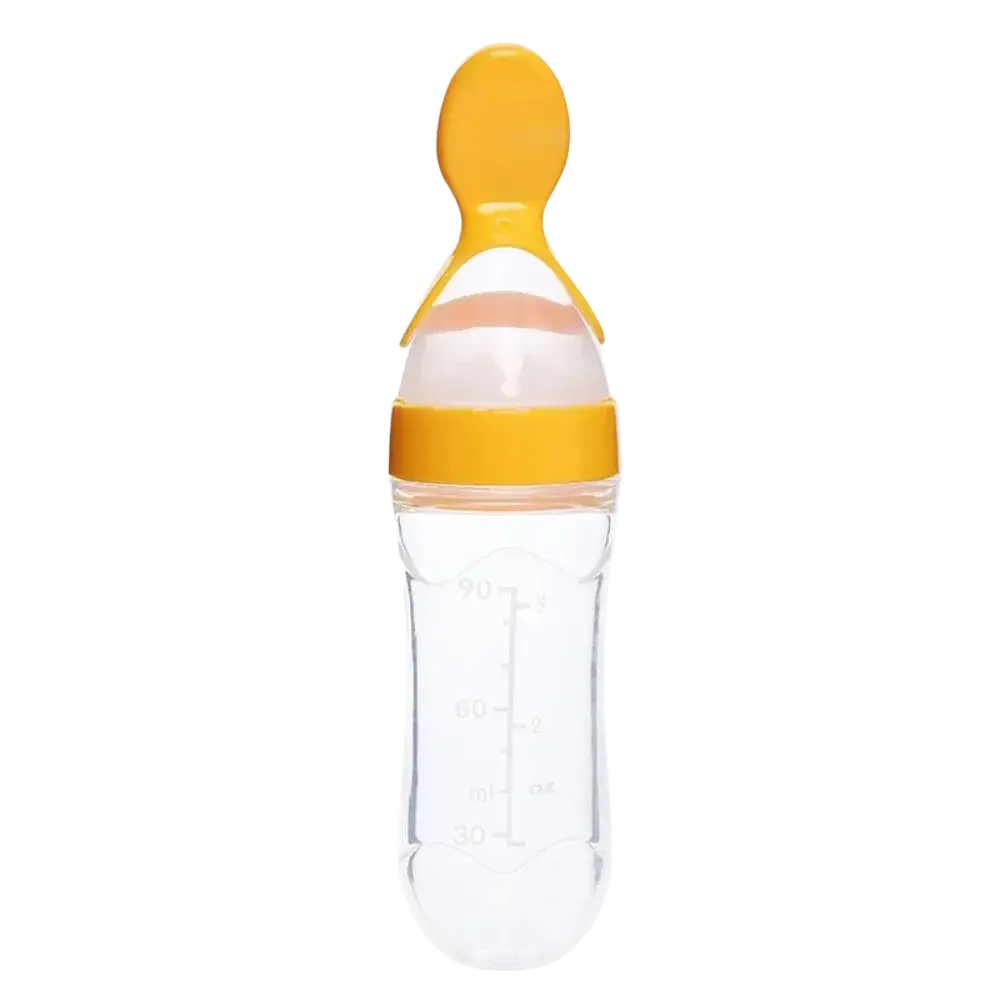 Clear plastic baby feeding spoon bottle bpa free silicone 90ml with bright yellow silicone spout and measurement markings