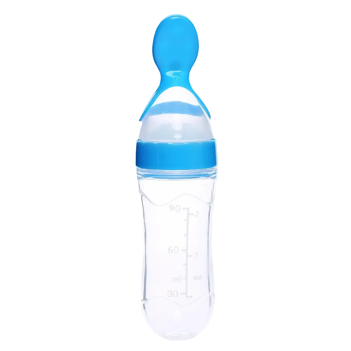 Clear plastic baby feeding spoon bottle bpa free silicone 90ml with blue nipple cap and ml measurement markings