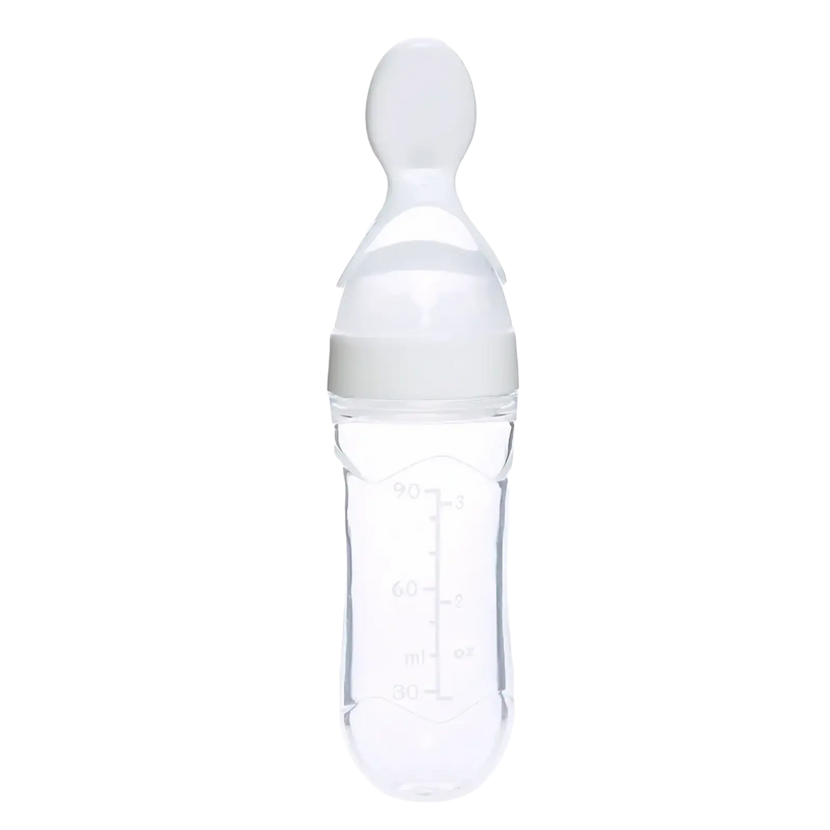 Clear plastic baby feeding spoon bottle bpa free silicone 90ml with white nipple and measurement markings