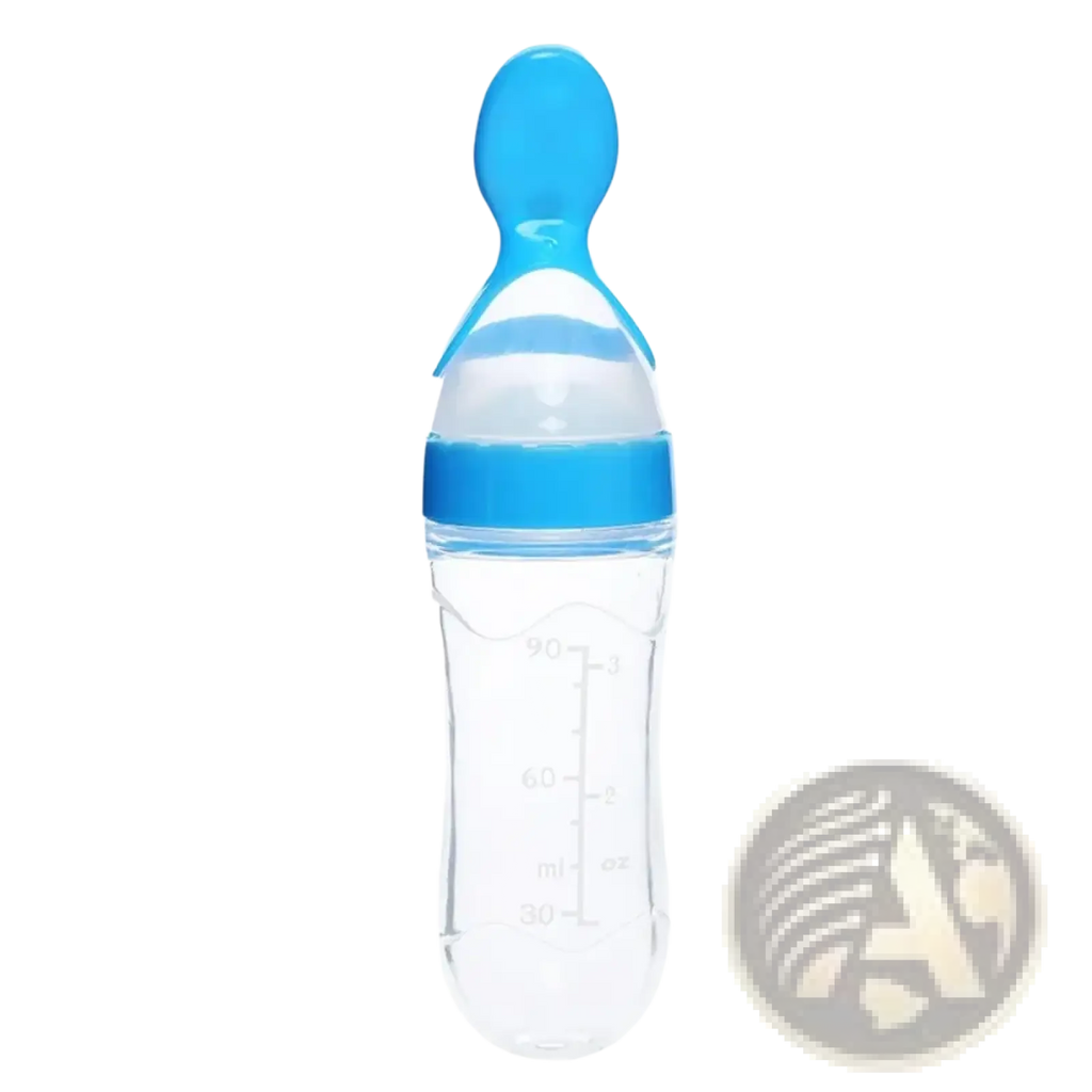 Clear plastic baby feeding spoon bottle 90ml with blue bpa free silicone nipple cap and milliliter markings