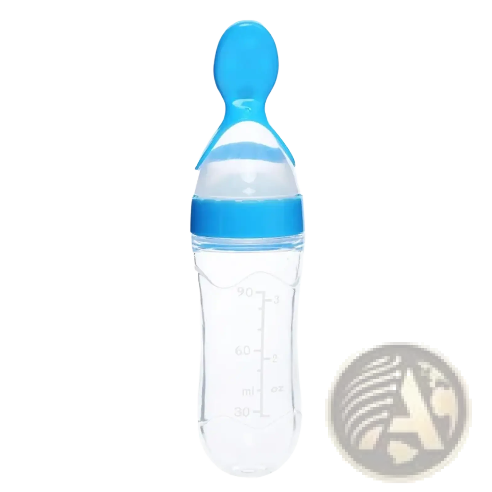 Clear plastic baby feeding spoon bottle 90ml with blue bpa free silicone nipple cap and milliliter markings