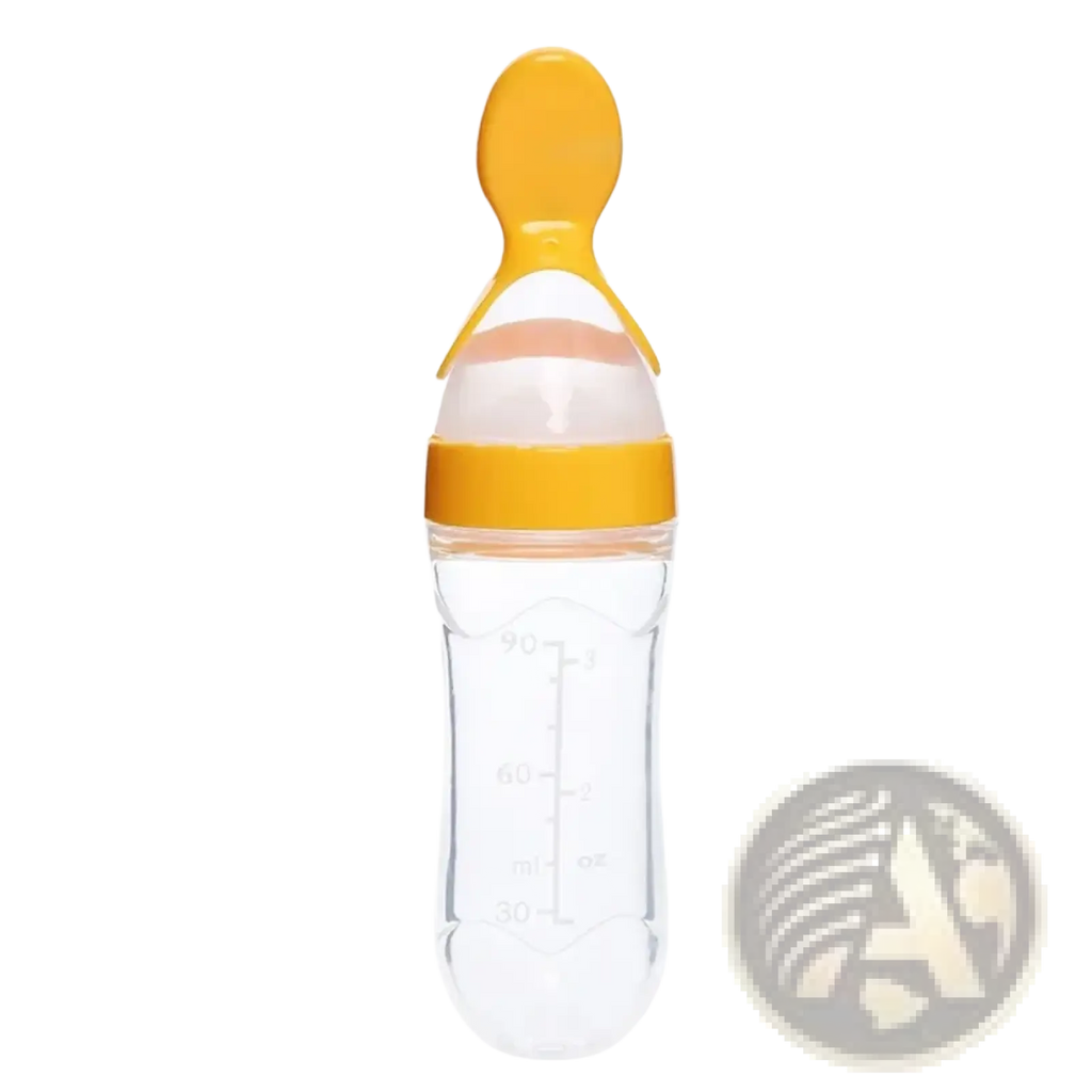 Clear plastic baby feeding spoon bottle bpa free silicone 90ml with bright yellow silicone spout and measurement markings