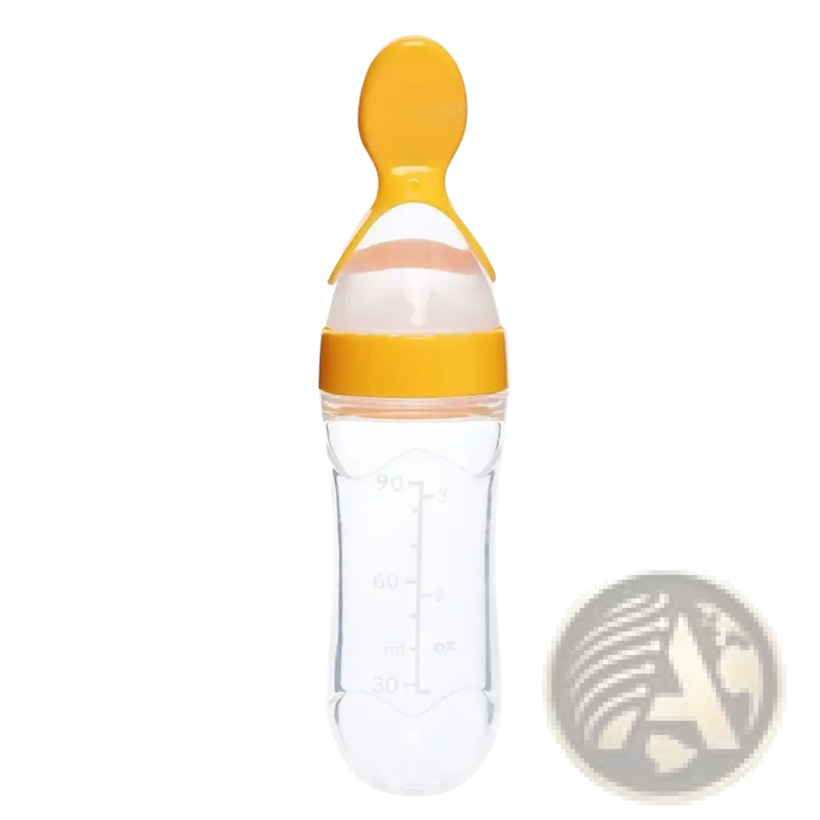 Clear plastic baby feeding spoon bottle bpa free silicone 90ml with bright yellow silicone spout and measurement markings
