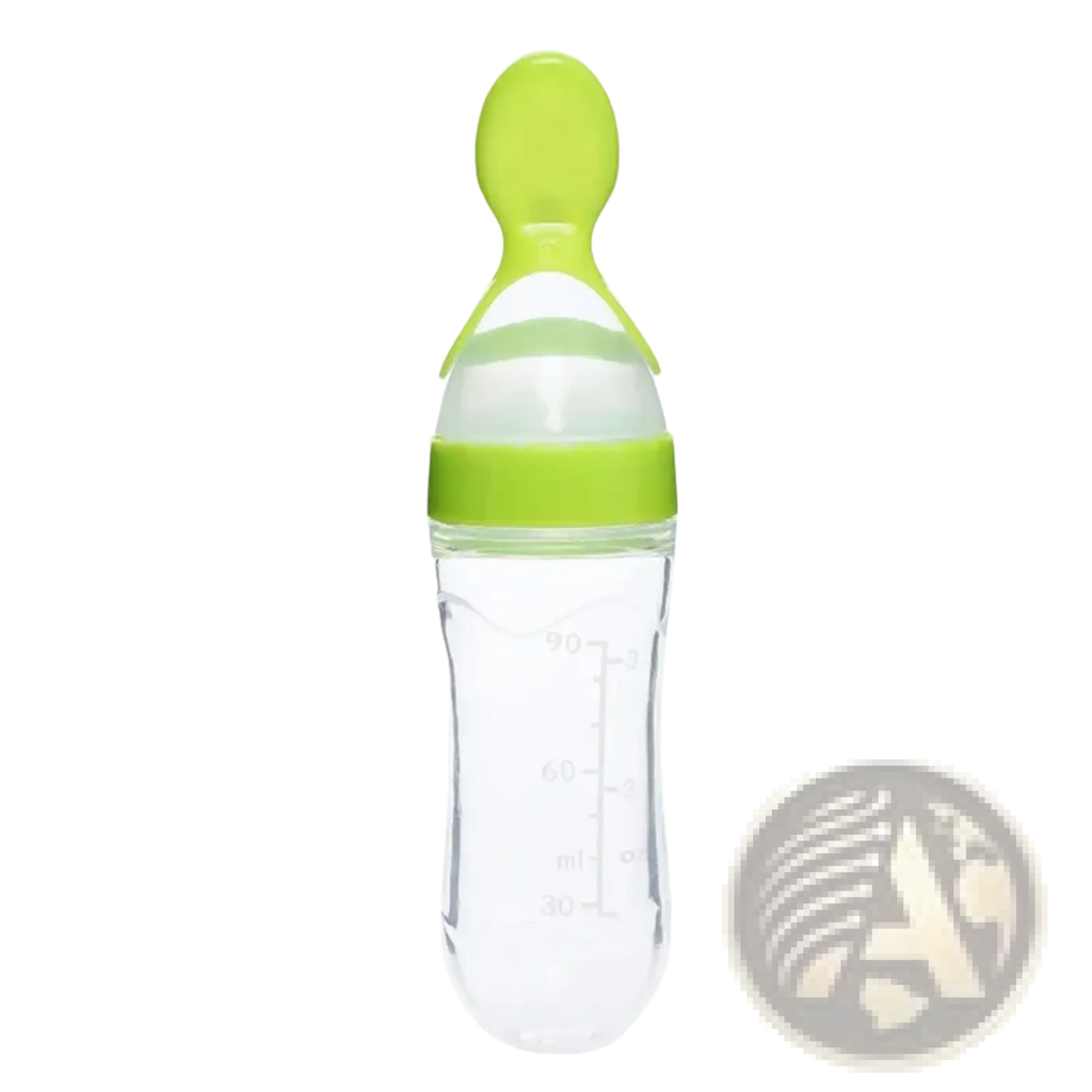 Clear plastic baby feeding spoon bottle bpa free silicone 90ml with lime green nipple and measurement markings