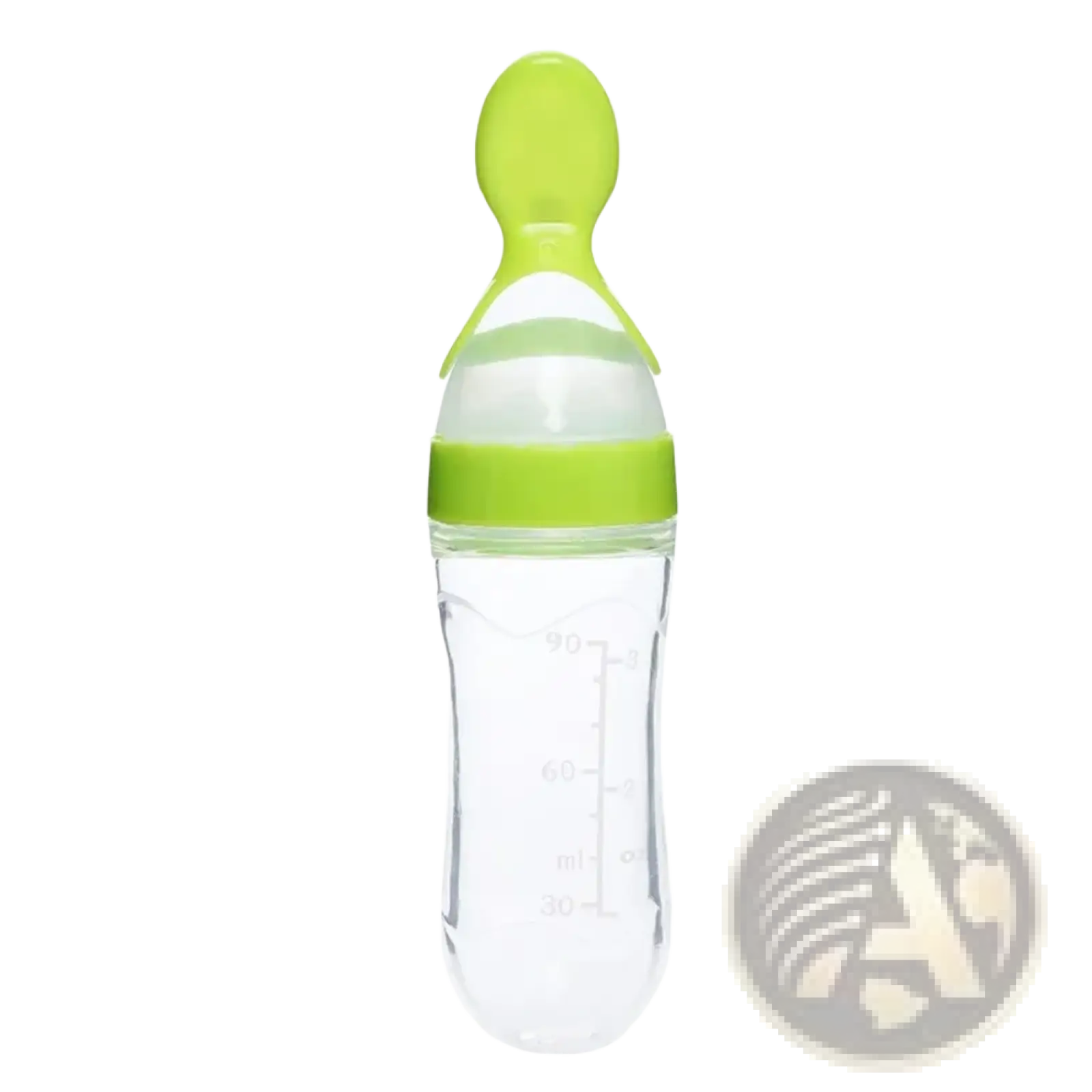 Clear plastic baby feeding spoon bottle bpa free silicone 90ml with lime green nipple and measurement markings