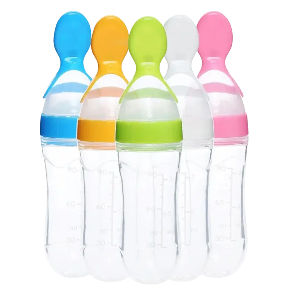 Colorful bpa free silicone baby feeding spoon bottles with transparent bodies and vibrant caps in various colors