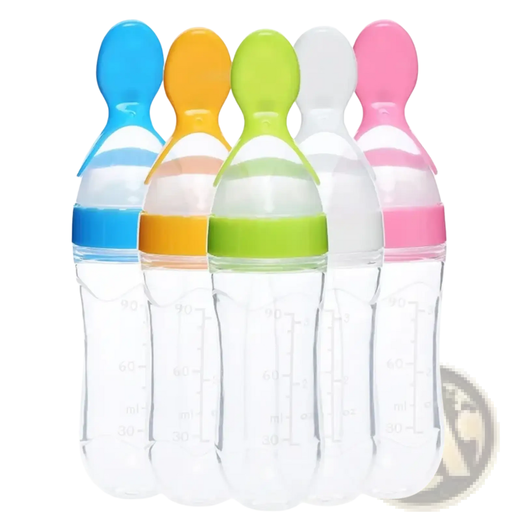 Colorful bpa free silicone baby feeding spoon bottles with transparent bodies and vibrant caps in various colors