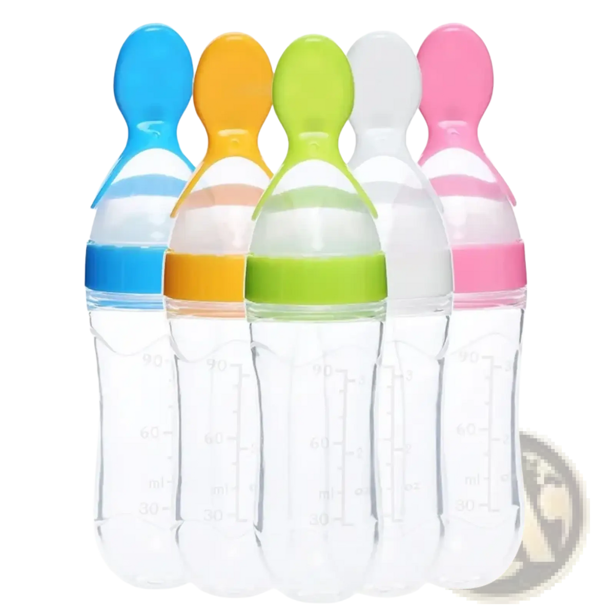 Colorful bpa free silicone baby feeding spoon bottles with transparent bodies and vibrant caps in various colors