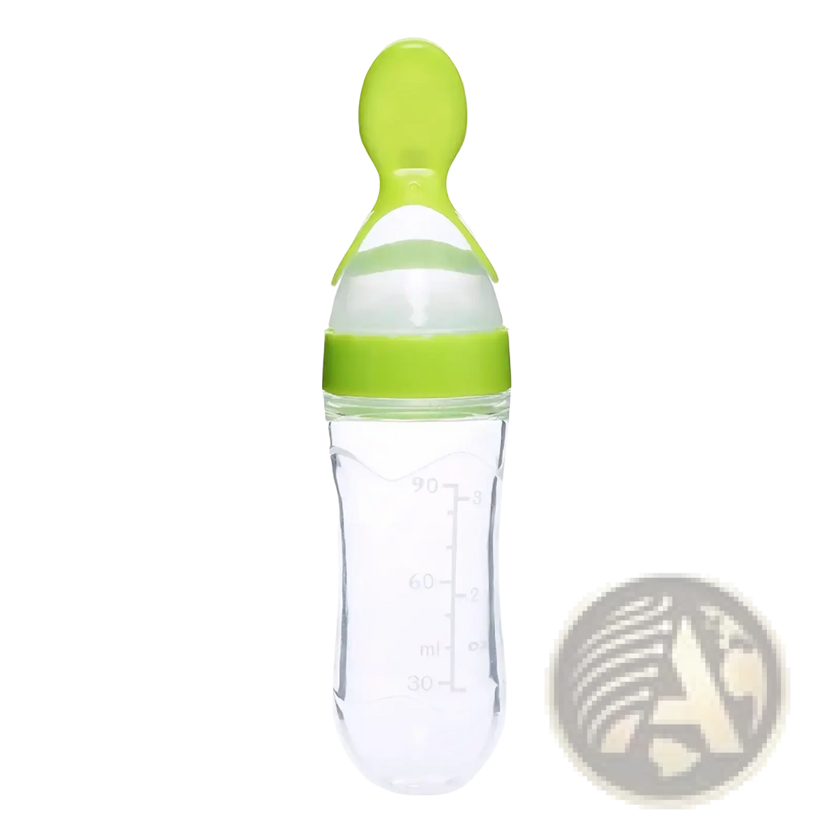 Clear silicone baby feeding spoon bottle bpa free 90ml with bright lime green handle and measurement markings in milliliters