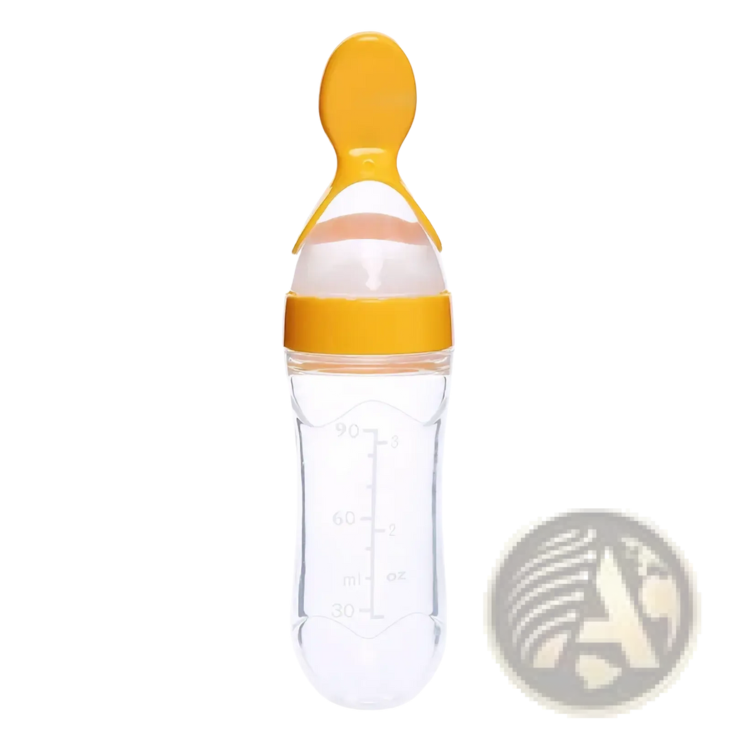 Clear plastic baby feeding spoon bottle bpa free silicone 90ml with bright yellow silicone spout and measurement markings