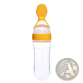 Clear plastic baby feeding spoon bottle bpa free silicone 90ml with bright yellow silicone spout and measurement markings