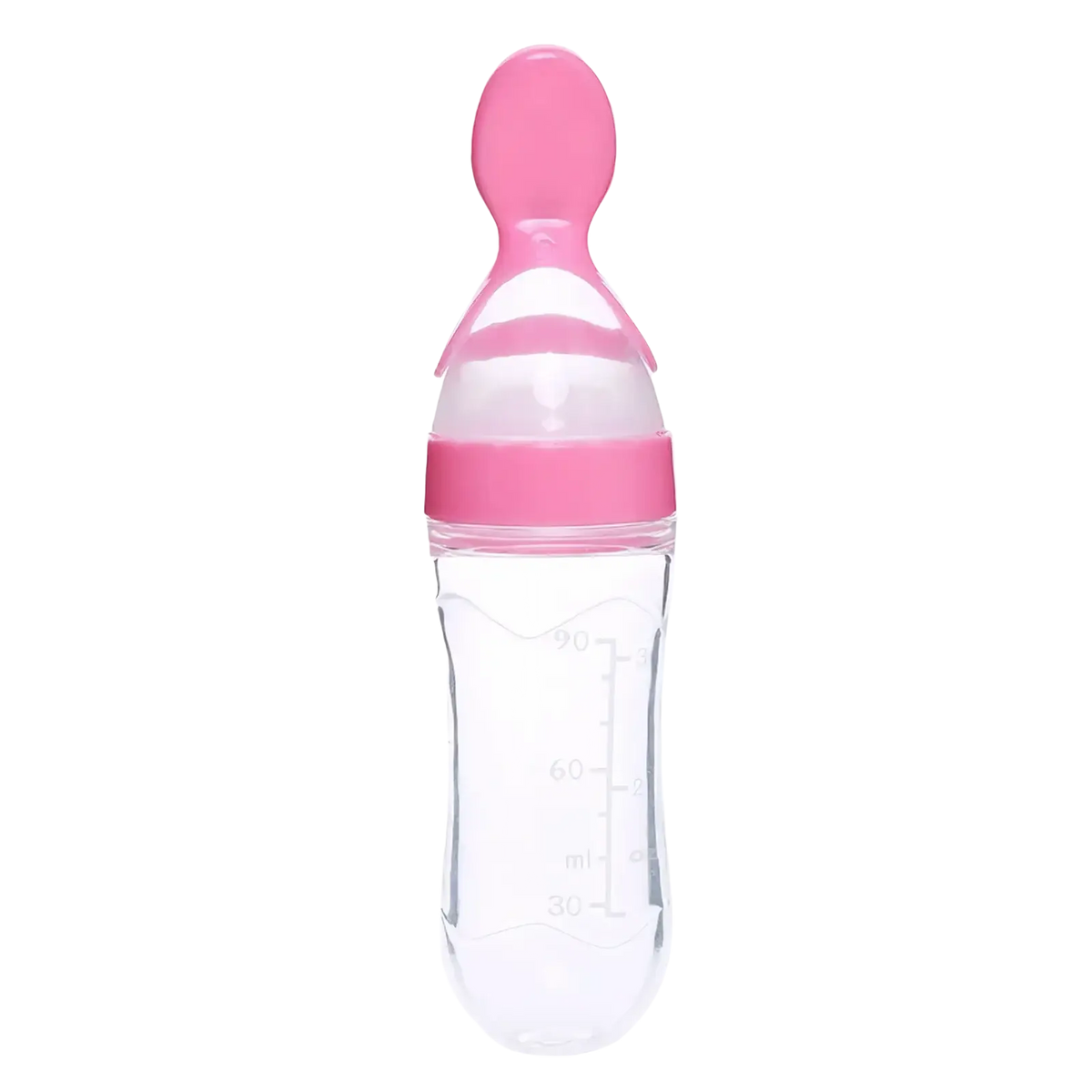 Pink silicone baby feeding spoon bottle with clear glass body and measurement markings bpa free 90ml capacity