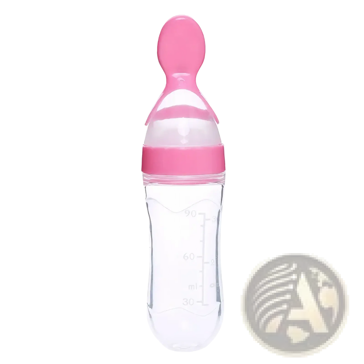 Pink silicone baby feeding spoon bottle with clear glass body and measurement markings bpa free 90ml capacity