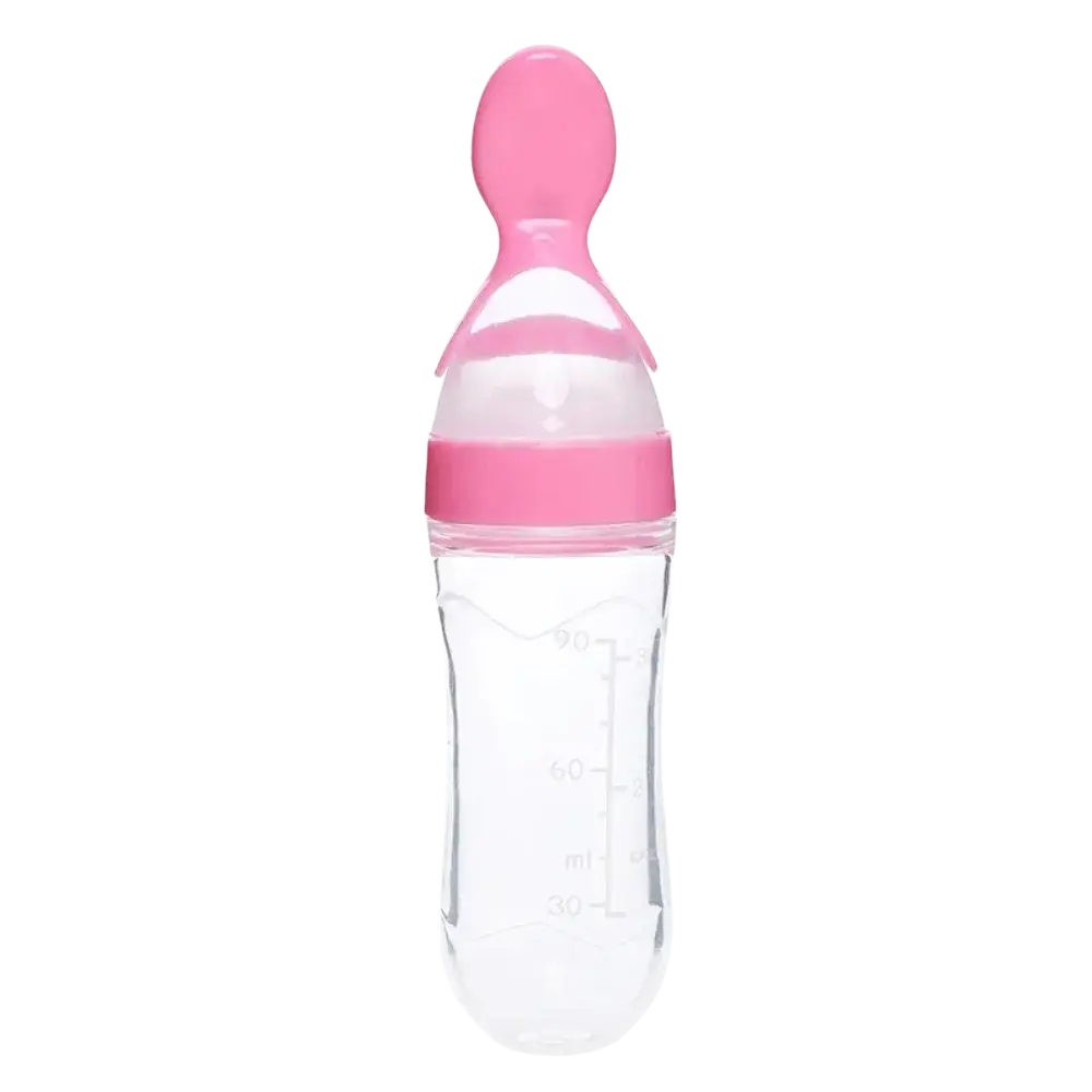 Baby feeding spoon bottle bpa free silicone 90ml with pink silicone spout and nipple on clear graduated bottle