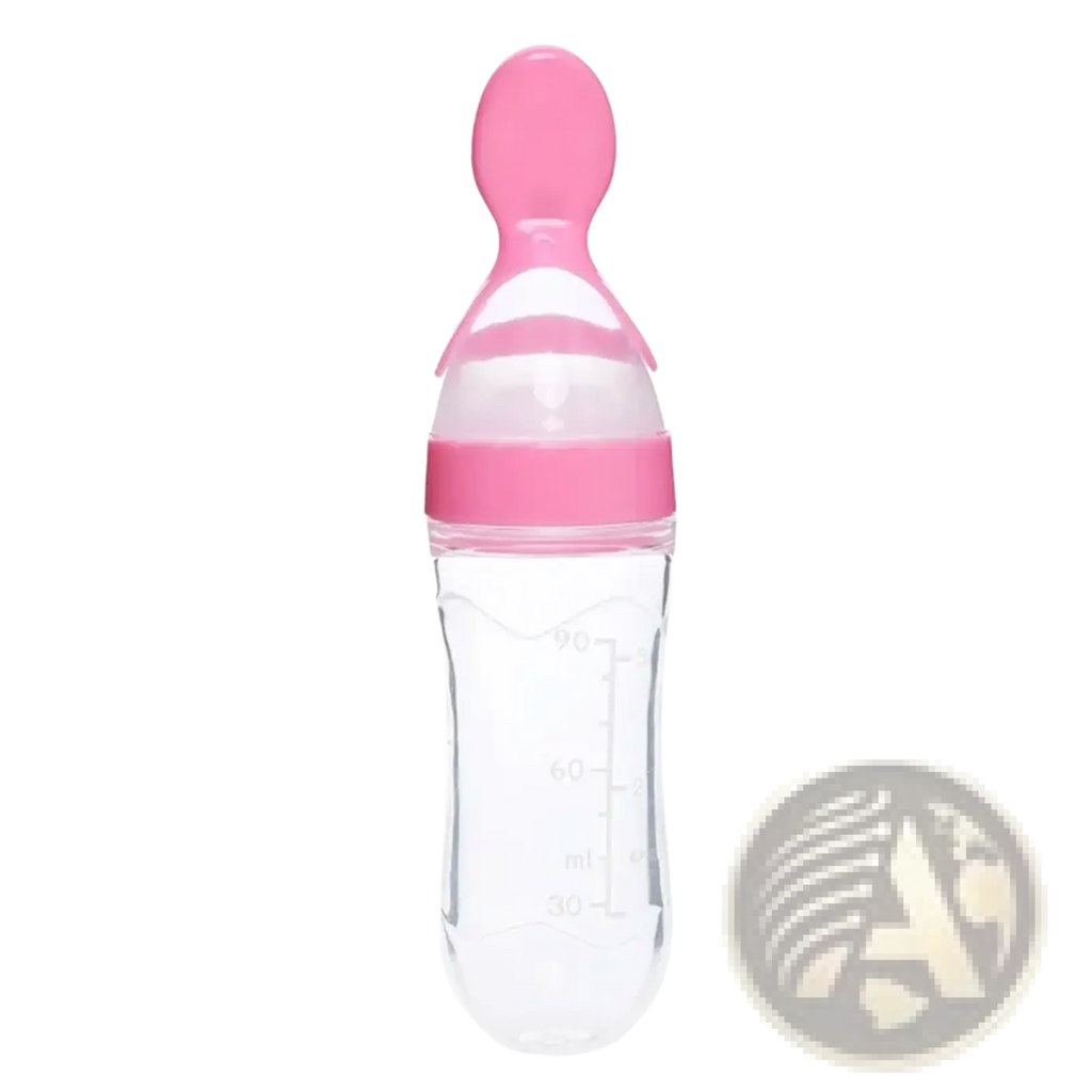 Baby feeding spoon bottle bpa free silicone 90ml with pink silicone spout and nipple on clear graduated bottle